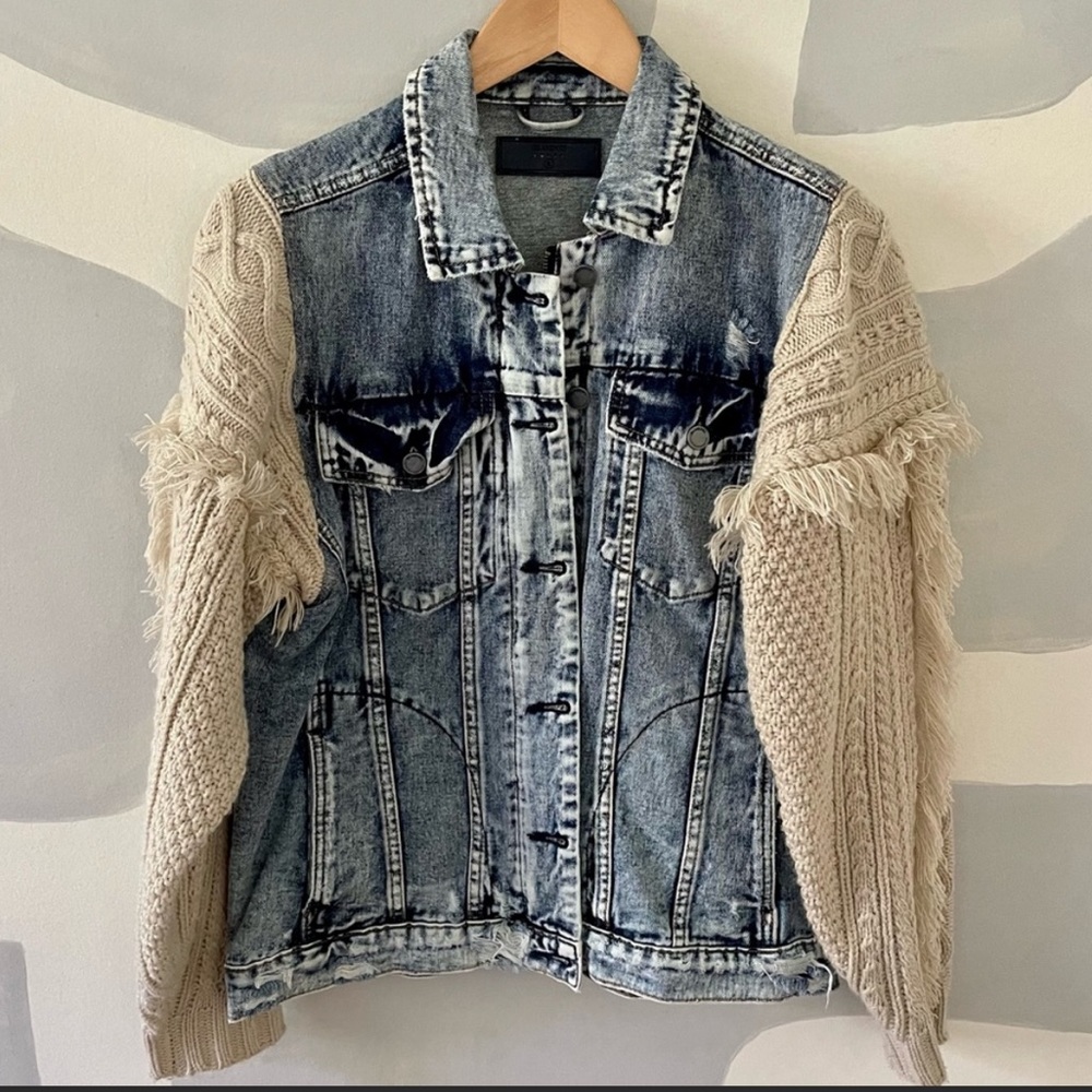 BLANCNYC denim jacket cable knit sweater sleeve